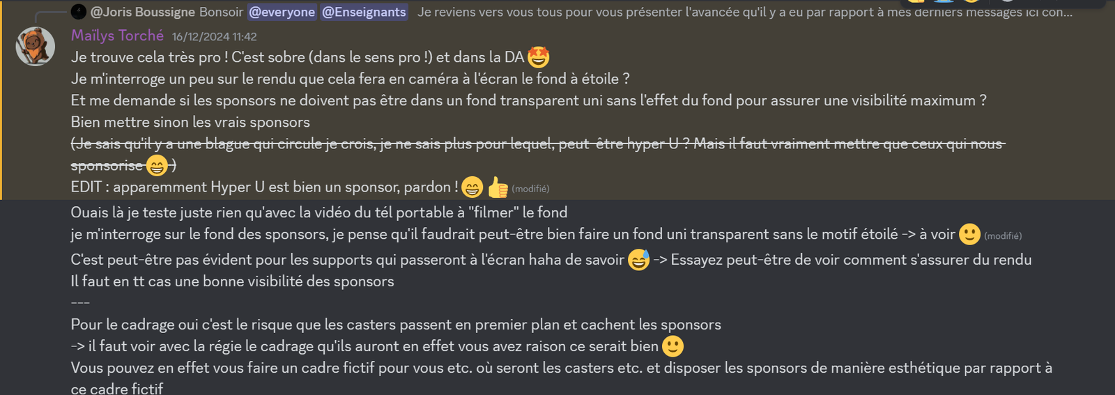 Capture d’échange Discord - retours enseignants sur la bâche sponsors